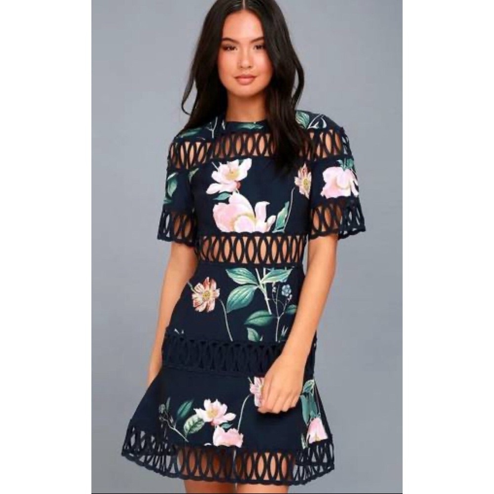 Keepsake Whispers Dress Womens XL Navy Garden Floral Crochet Trim Mini NWT